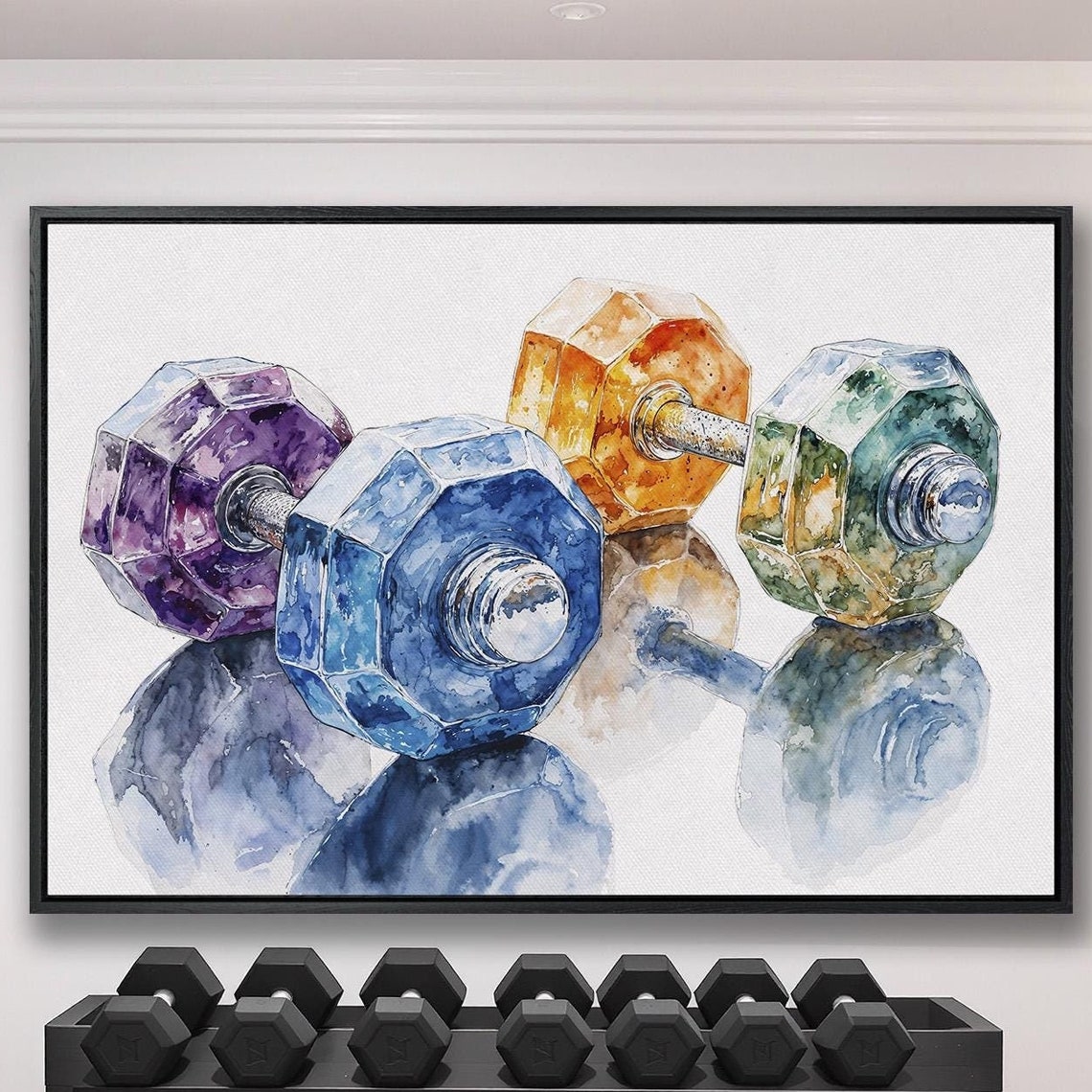 Colorful Watercolor Dumbbells With Soft Reflections Gym Poster