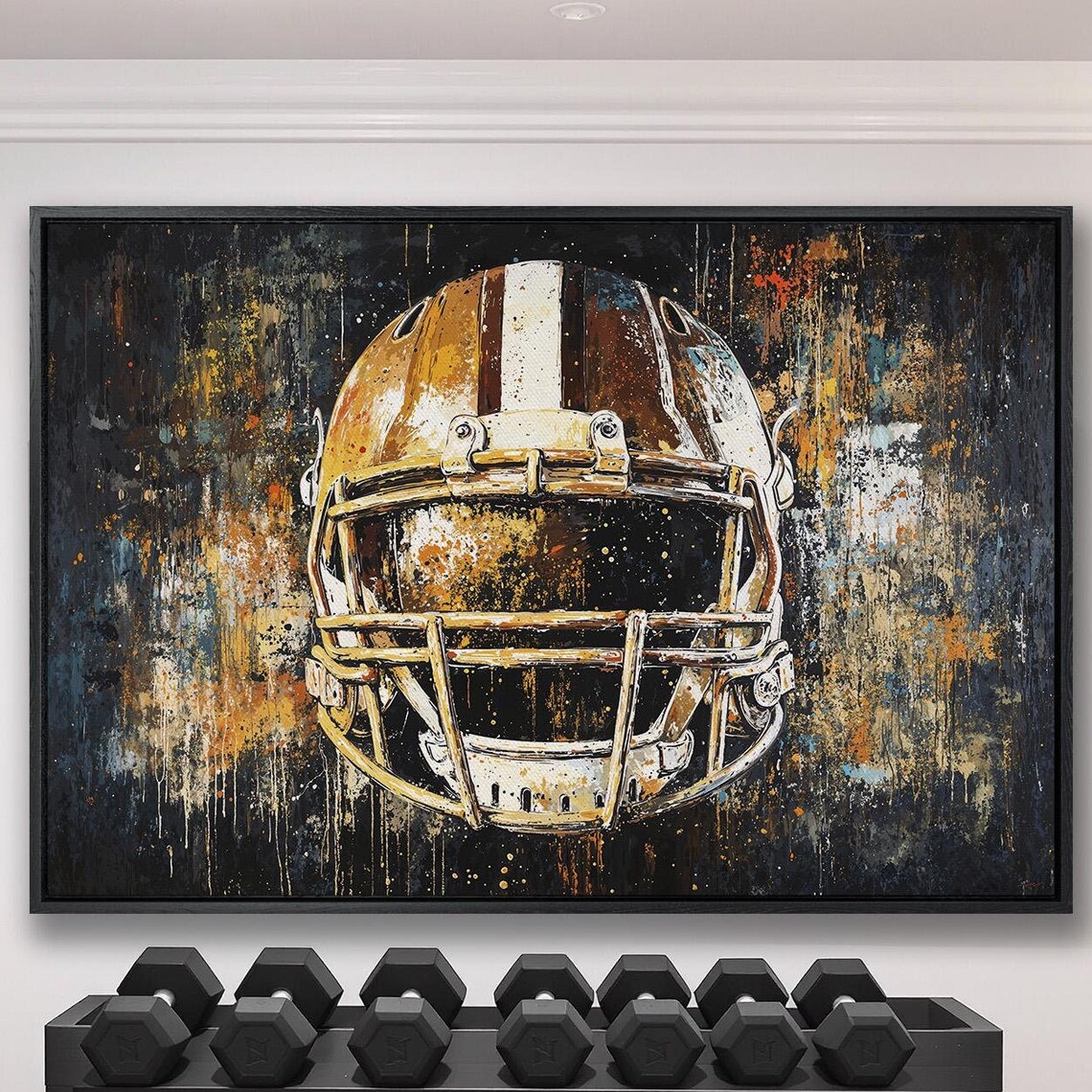 Golden Football Helmet Abstract Splatter Paint Sports Wall Art