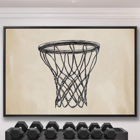 Basketball Hoop Framed Wall Art Minimalist Sports Painting Print Man Cave Decor Modern Black And White Artwork Ready To Hang Gift