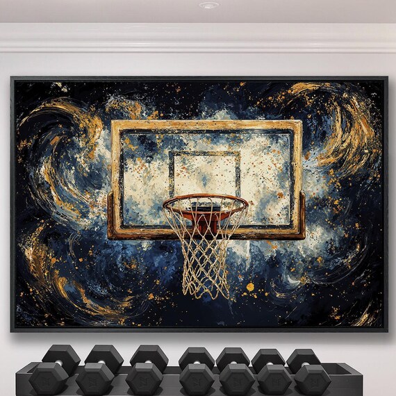 Rustic Gold Basketball Backboard on Cosmic Navy Swirl Sports Poster