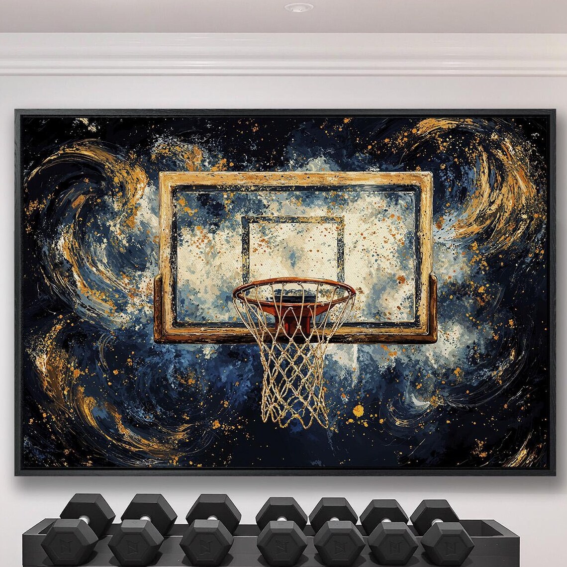 Rustic Gold Basketball Backboard on Cosmic Navy Swirl Sports Poster