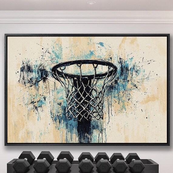 Graffiti Basketball Hoop With Teal Splatter On Warm Beige Print