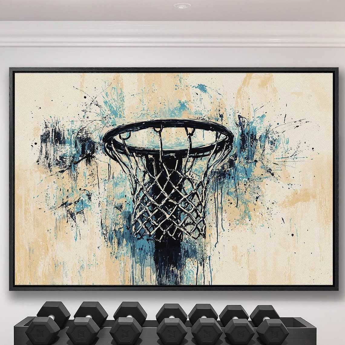 Graffiti Basketball Hoop With Teal Splatter On Warm Beige Print