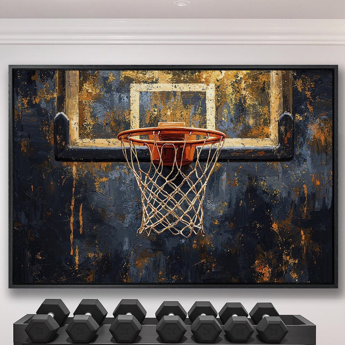 Basketball Hoop Close Up On Dark Blue And Gold Grunge Poster