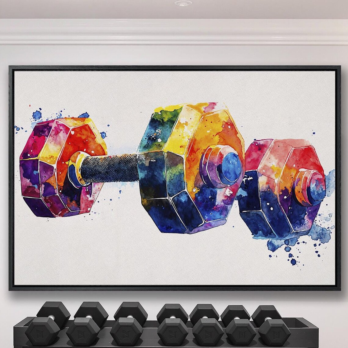 Rainbow Watercolor Dumbbell Pair Vibrant Fitness Art Sports Poster