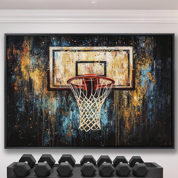 Red Rimmed Basketball Hoop On Orange And Blue Grunge Art Poster