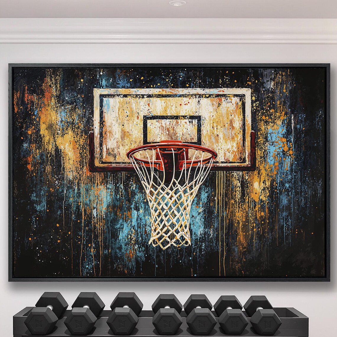 Red Rimmed Basketball Hoop On Orange And Blue Grunge Art Poster