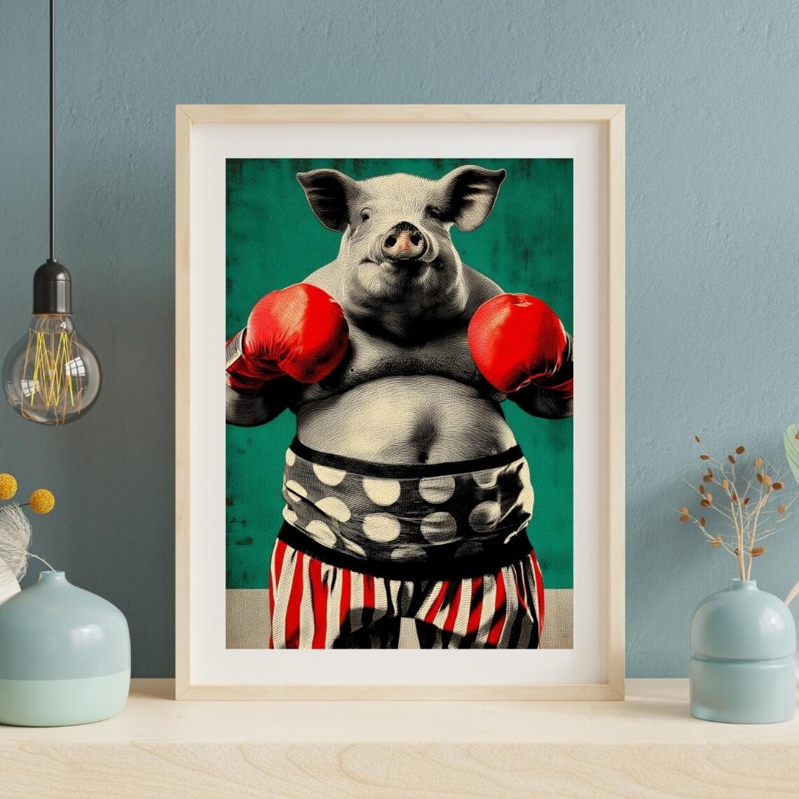 Boxer Pig Red Gloves Funny Retro Sports Animal Portrait Pop Art Poster