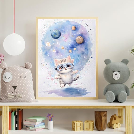 Space Art Cute Cosmic Kitten Floating In Astronaut Suit Dcor Travel Wall