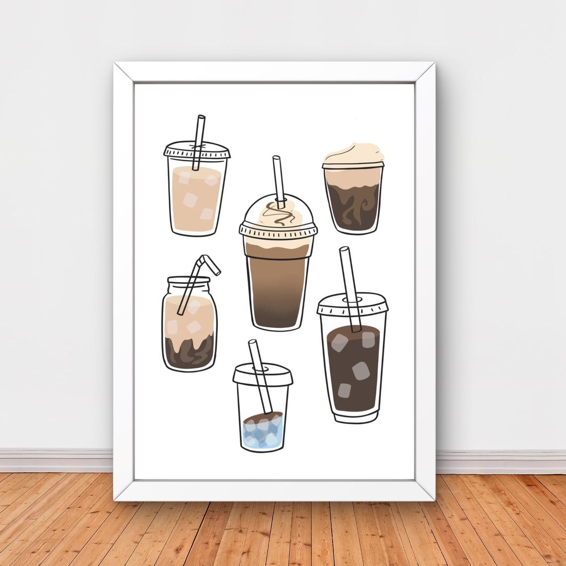Hand Drawn Iced Coffee Drinks Line Art Minimal Kitchen Poster