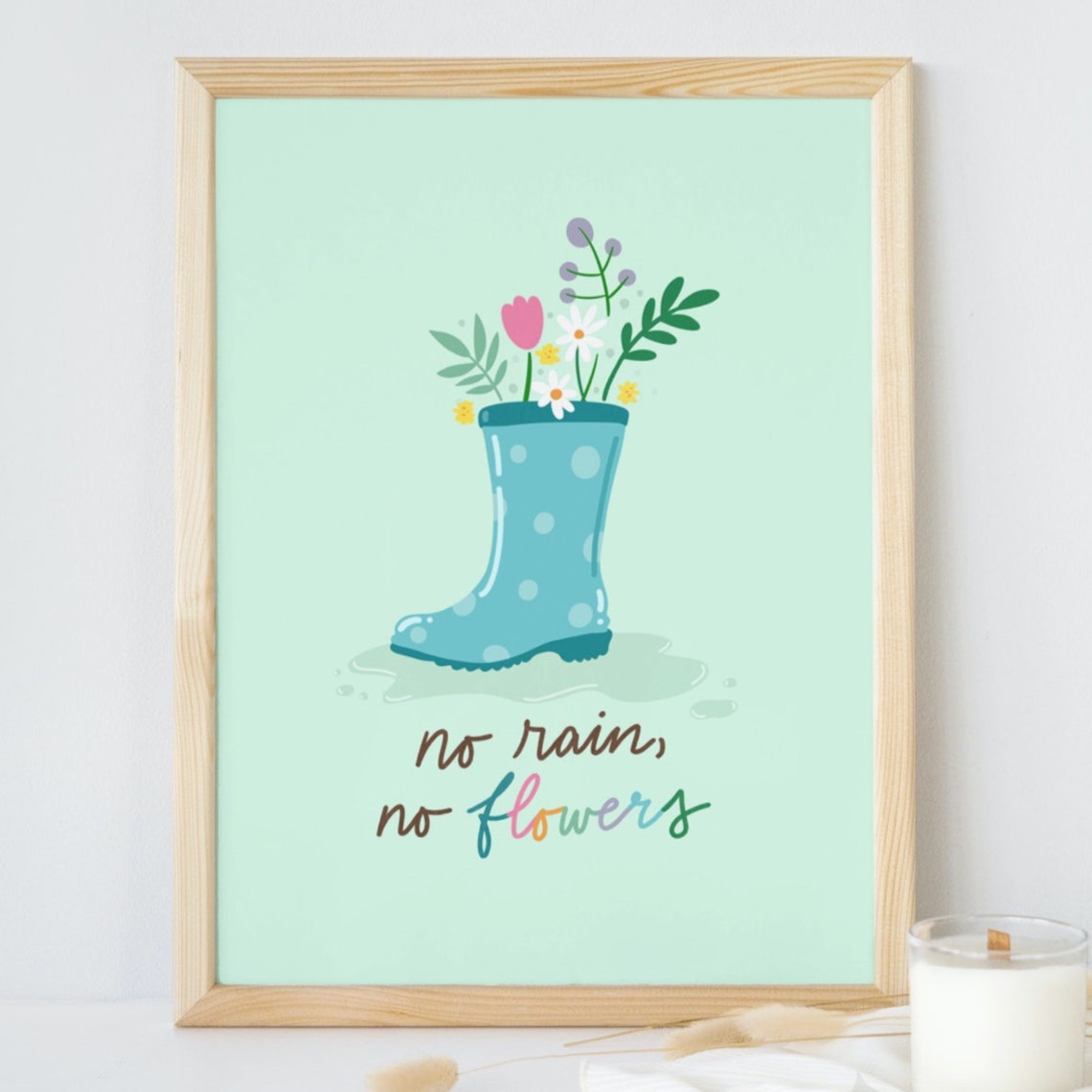 No Rain No Flowers Teal Rain Boot Spring Florals Quote Art Print
