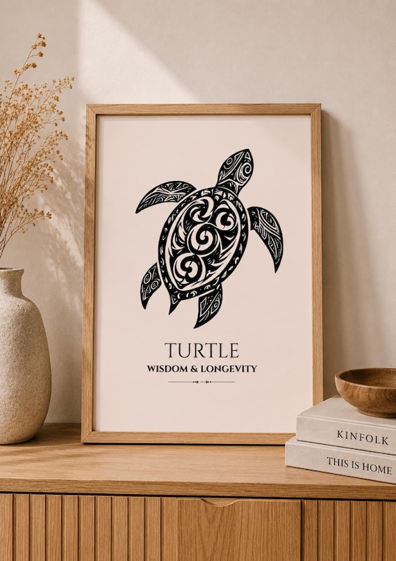 Sea Turtle Tribal Tattoo Wisdom and Longevity Coastal Boho Poster