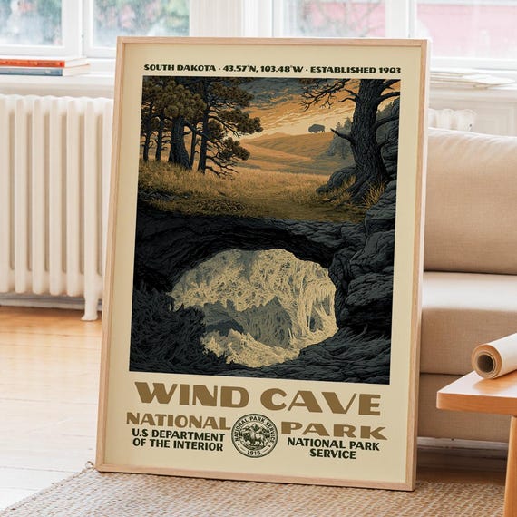 Wind Cave National Park Vintage Wpa Poster Nature Landscape Wall Art Decor Retro Travel Print Hiker Gift