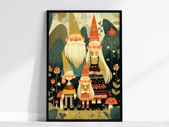 Gnome Family Portrait Whimsical Forest Art Framed Print