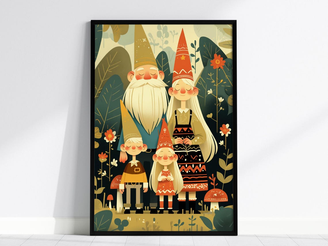 Whimsical Gnome Family Forest Portrait Illustration Wall Art