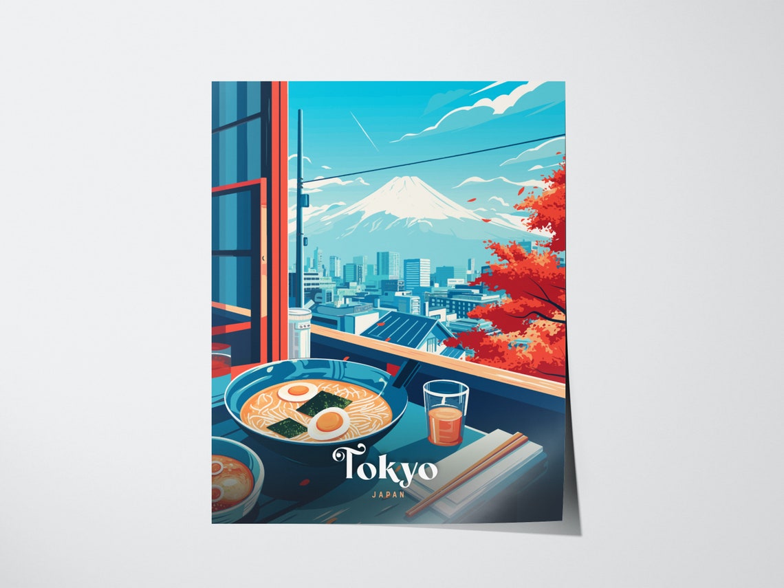 Tokyo Japan Ramen Bowl Mount Fuji View Anime Style Travel Poster