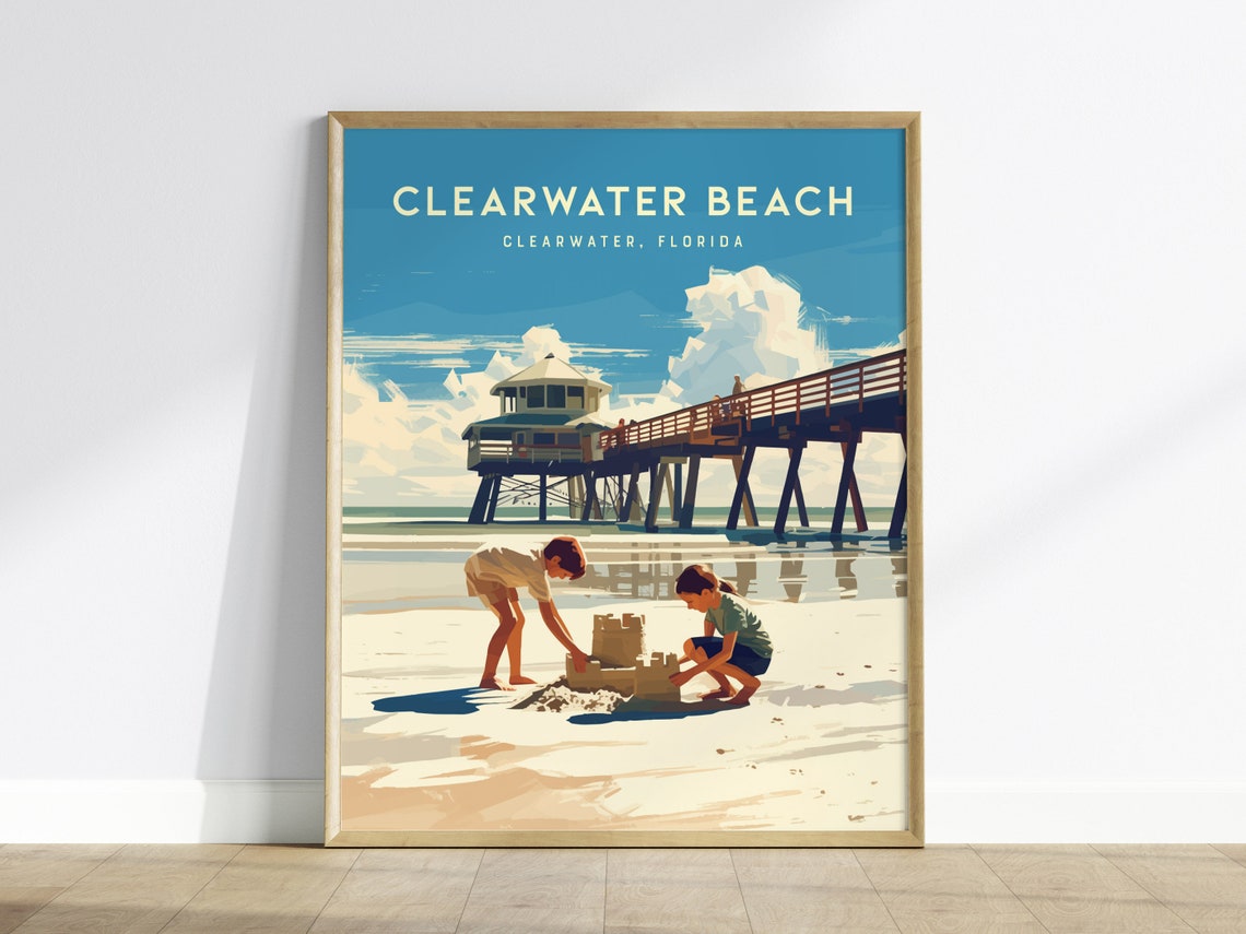 Clearwater Beach Florida Sandcastle Pier Retro Beach Travel Poster
