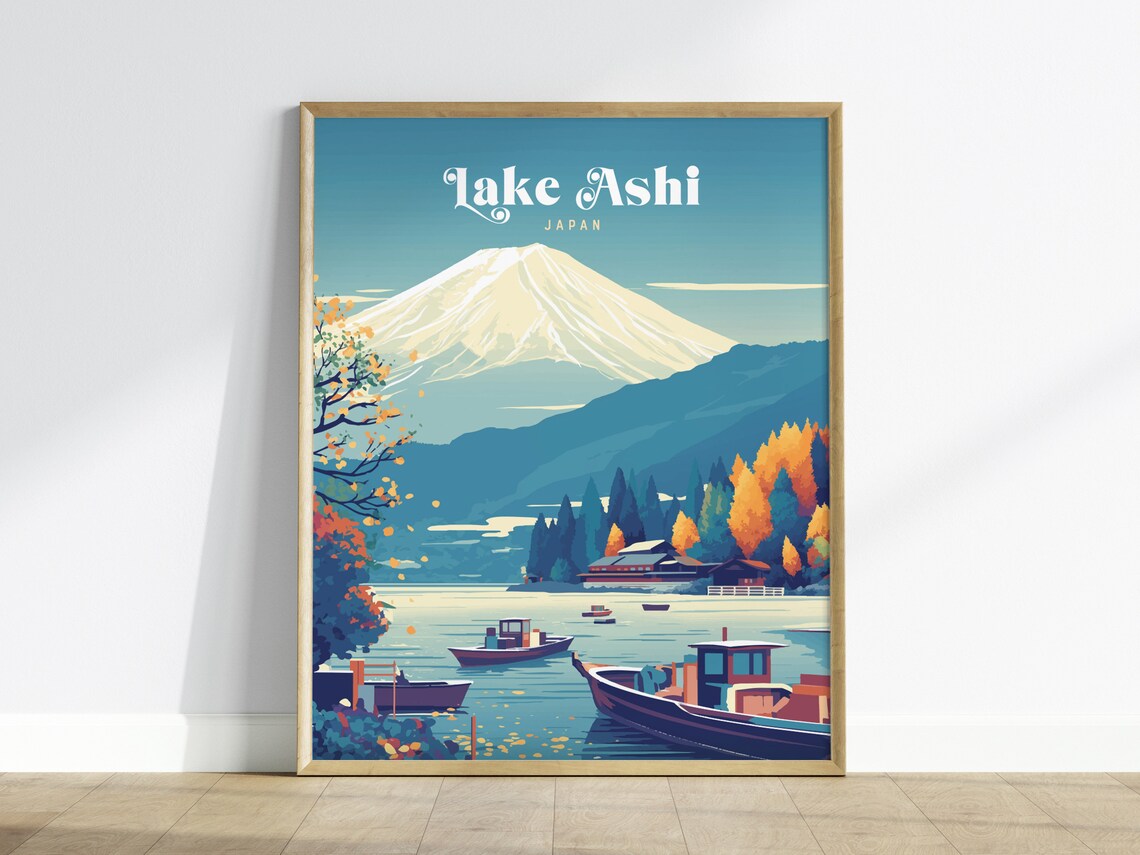 Lake Ashi Japan Mount Fuji Boats Autumn Foliage Scenic Travel Poster