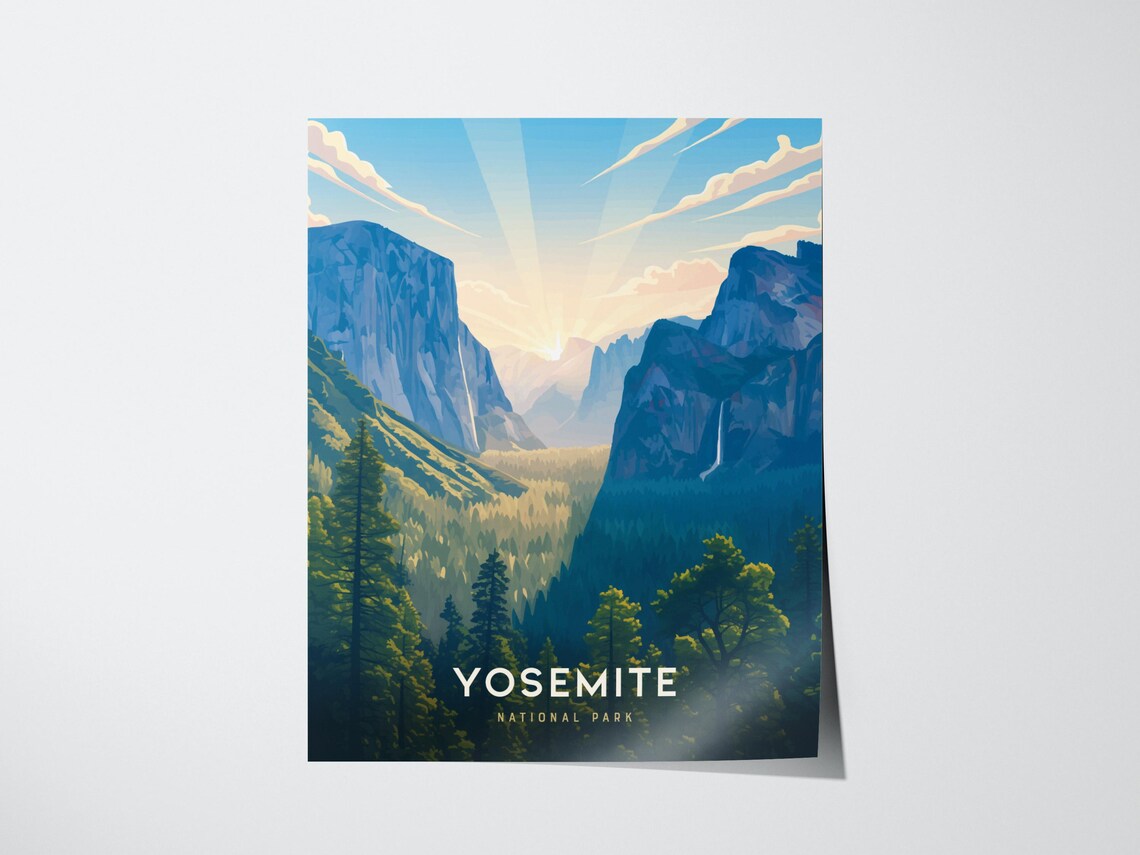 Yosemite National Park Valley Sunrise Granite Cliffs Vintage Travel Poster