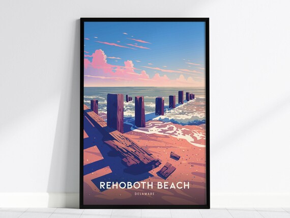 Rehoboth Beach Delaware Sea Groynes Pastel Shore Travel Poster