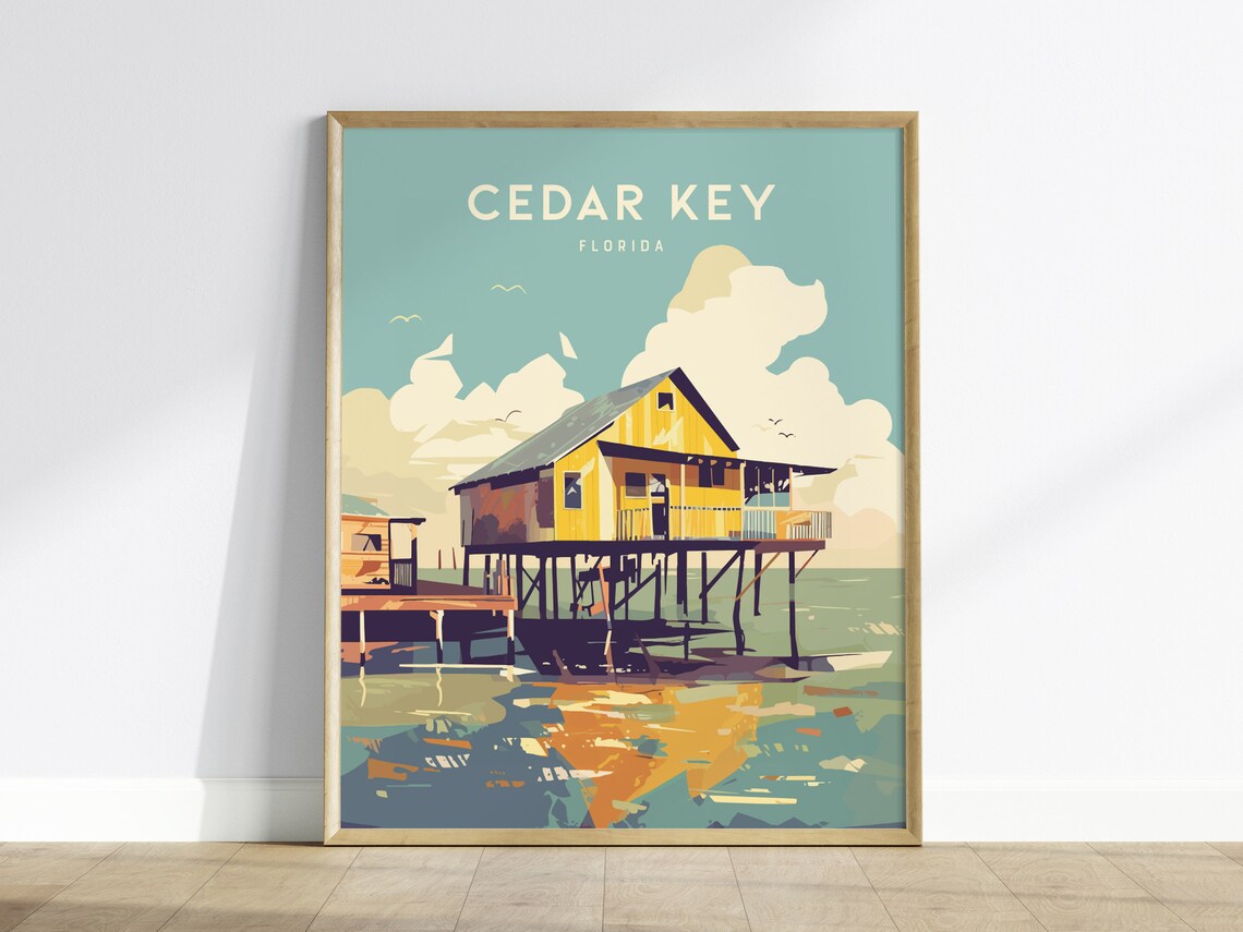 Cedar Key Florida Vintage Travel Poster, Stilt House