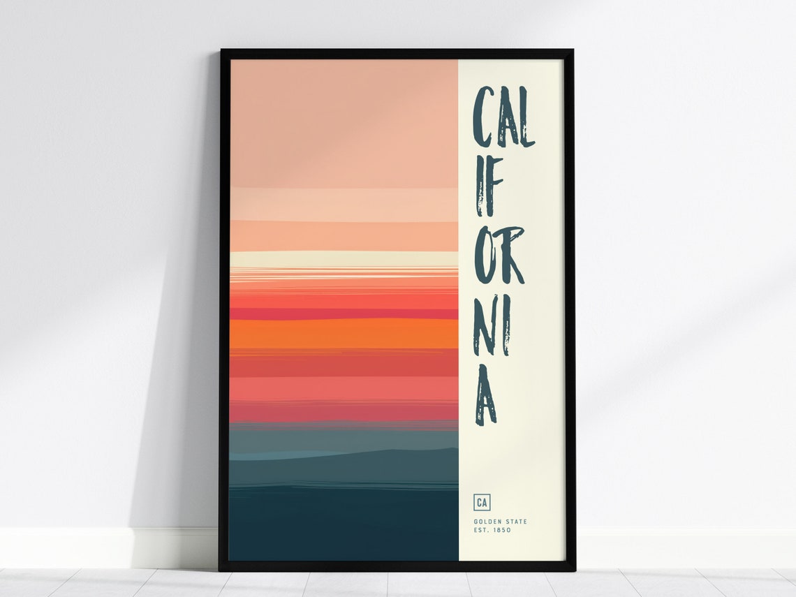 California Golden State Sunset Gradient Stripes Minimal State Poster