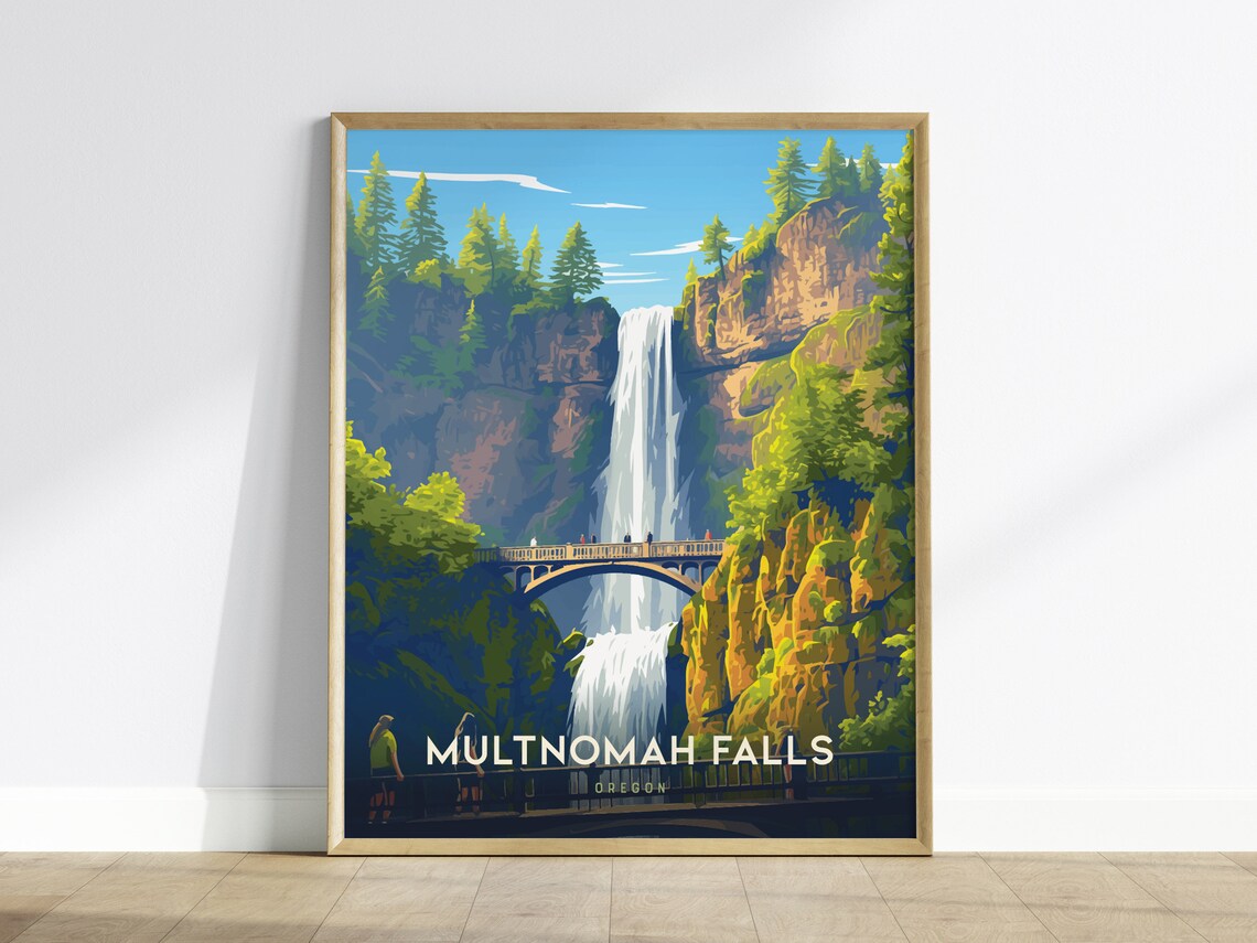 Multnomah Falls Oregon Waterfall Bridge Travel Poster Pacific Northwest Art