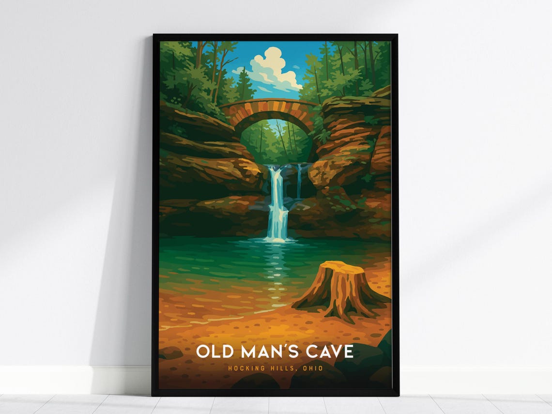 Old Mans Cave Hocking Hills Ohio Waterfall Bridge Nature Poster