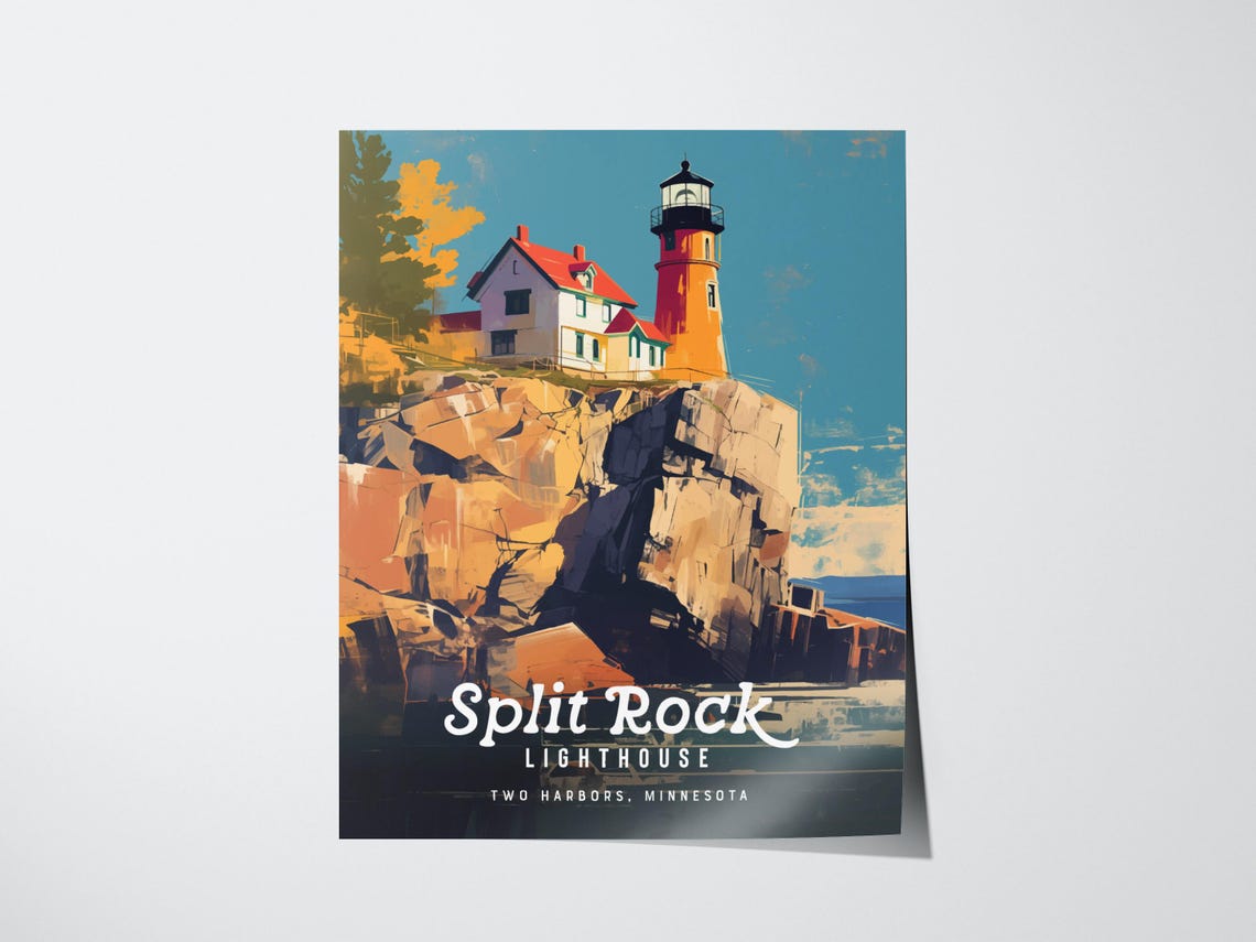 Split Rock Lighthouse Minnesota Cliff Vintage Travel Art Poster