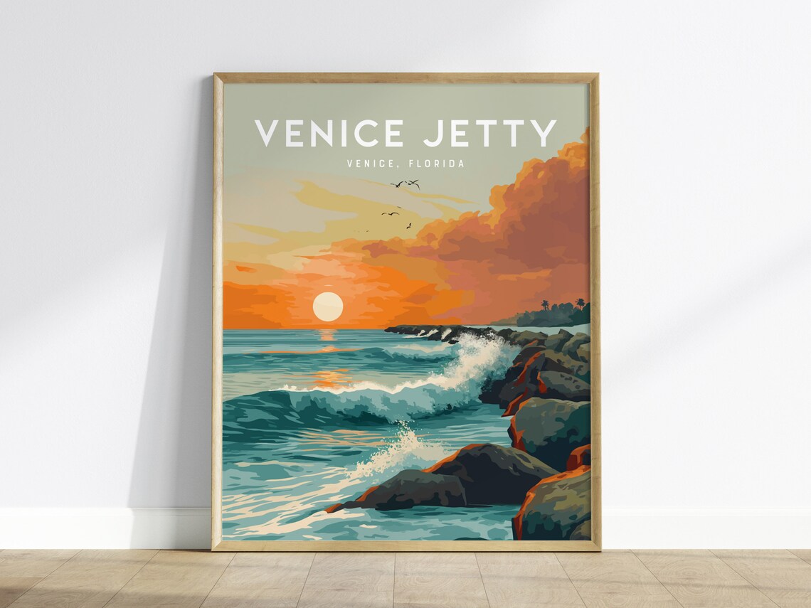 Venice Jetty Sunset Surf Art Print, Florida Beach