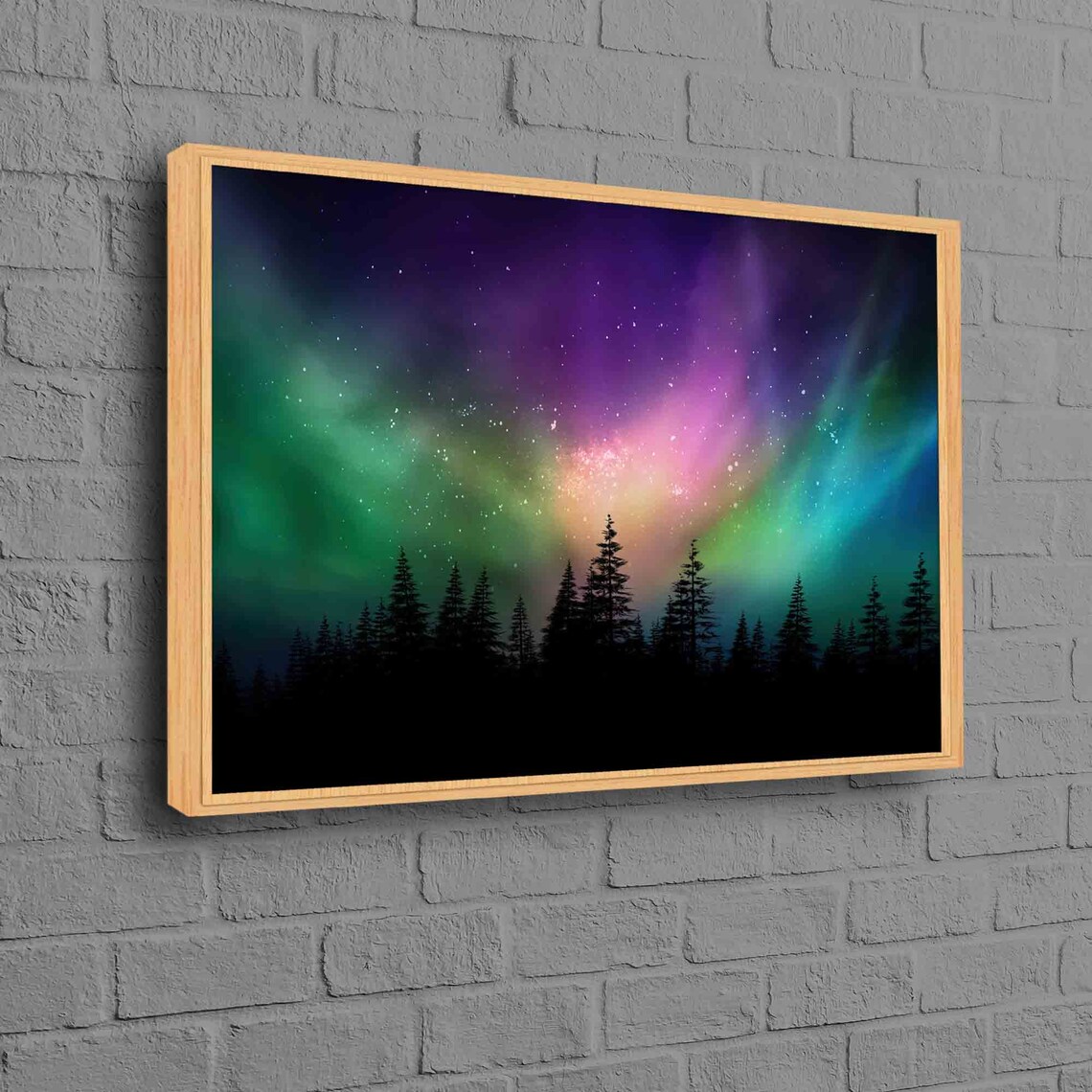 Aurora Borealis Northern Lights Purple Green Pine Forest Poster