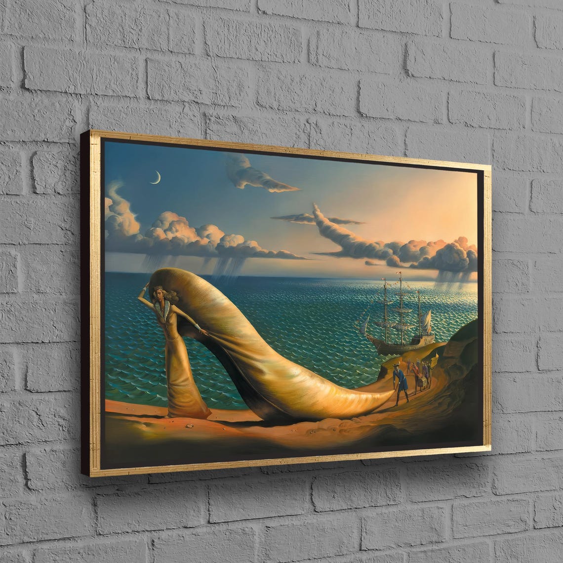 Surrealist Woman Flowing Veil Ocean Sunset Dreamlike Art Poster