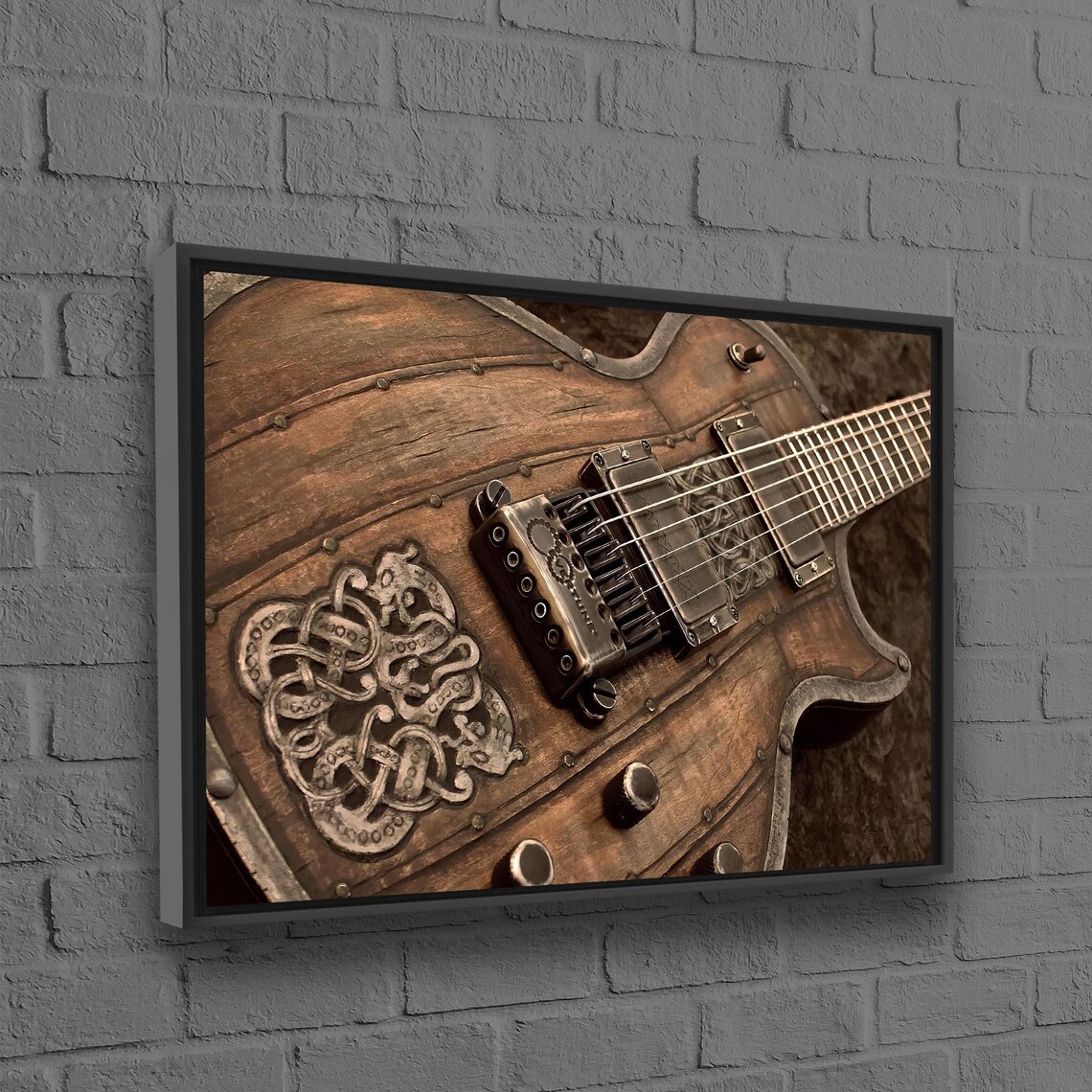 Vintage Carved Wooden Electric Guitar Celtic Knot Detail Poster
