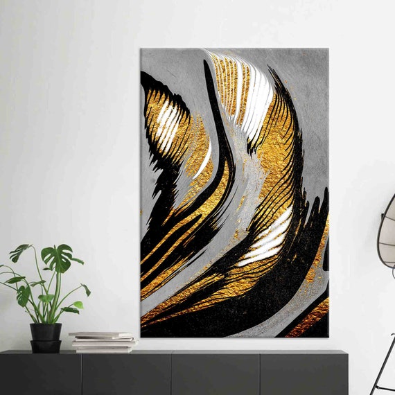 Abstract Gold Black Canvas Wall Art Luxury Modern Texture Print Bold Golden Strokes Vertical Glam Decor For Office Or Hallway