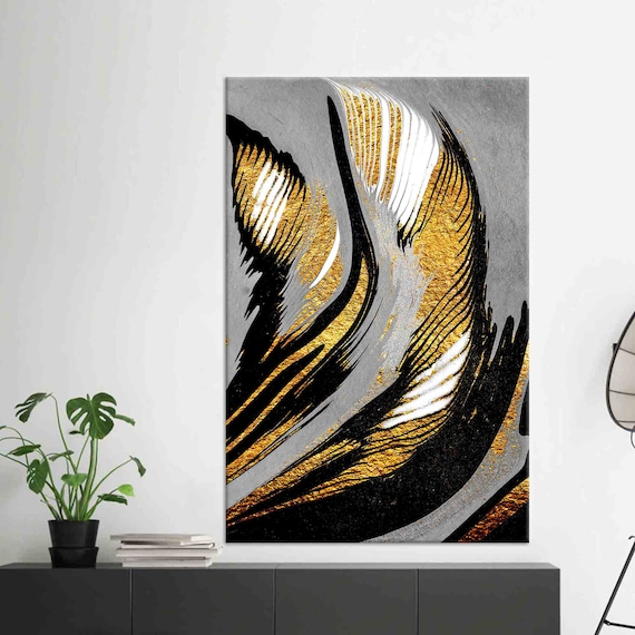 Abstract Gold Black Feather Texture Luxury Modern Art Poster