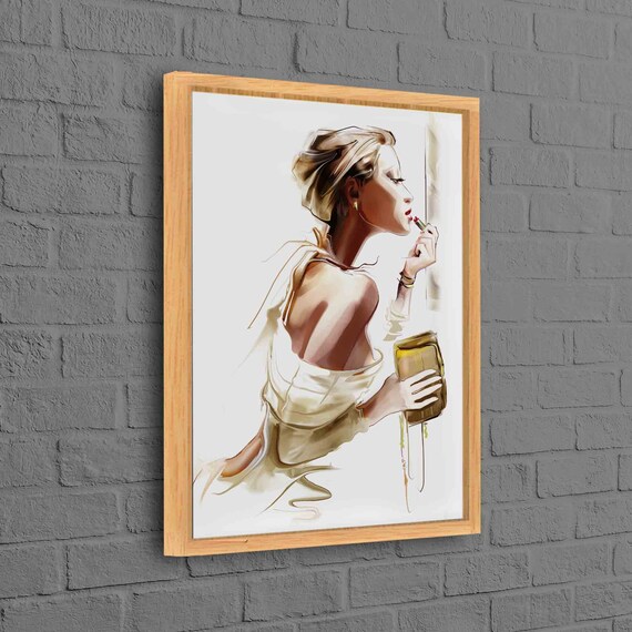 Watercolor Woman Applying Lipstick Elegant Fashion Sketch Art Poster