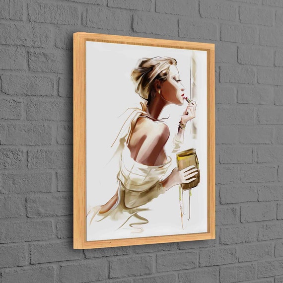 Woman Applying Lipstick Painting Print Abstract Wall Art Elegant Makeup Canvas Minimalist Fashion Illustration