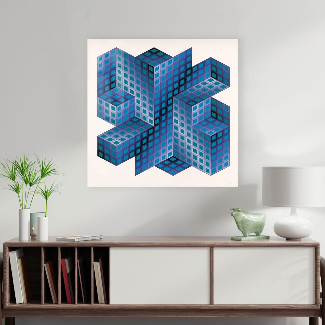 Op Art Geometric Blue Cubes Optical Illusion Abstract Modern Print