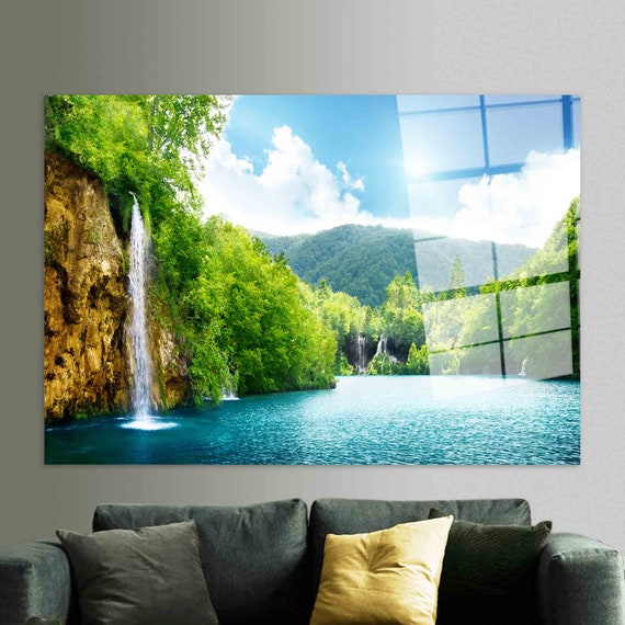 Waterfall In Deep Forest Tree View Wall Decor Glass Art Landscape Nature Scenic Modern Print For Room