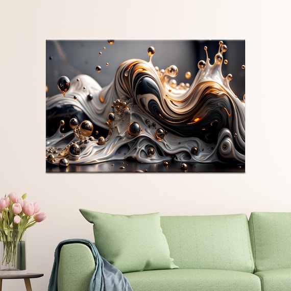 Modern Fluid Artwork In Black And Gold Contemporary Swirl Canvas Print Abstract Wall Art Painting Elegant Home Decor