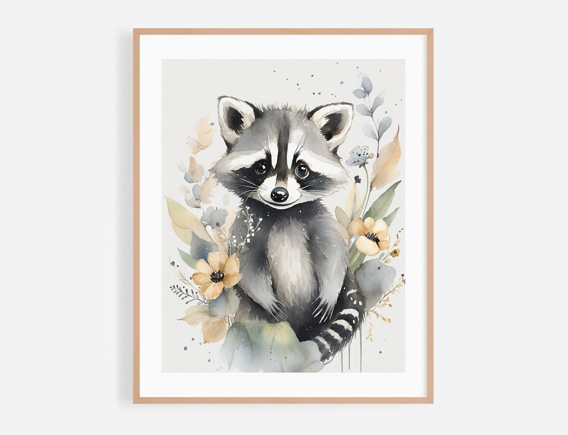 Baby Raccoon Watercolor Nursery Portrait With Yellow Flowers Poster
