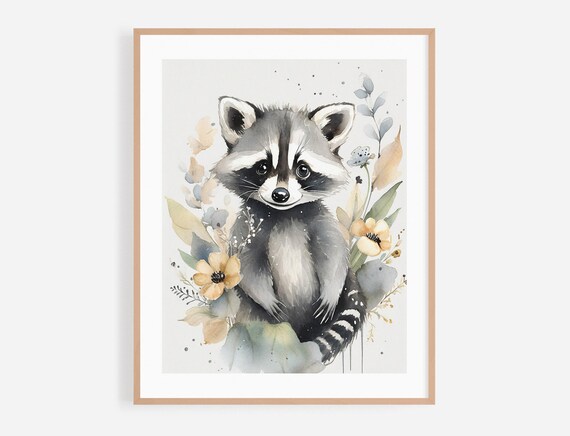 Baby Raccoon Watercolor Nursery Portrait With Yellow Flowers Poster