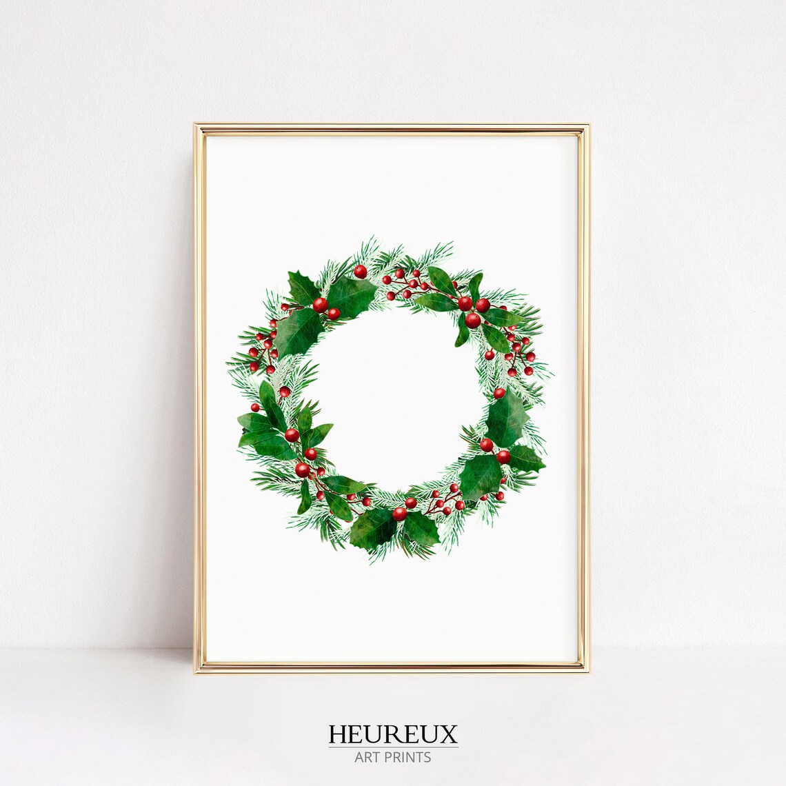 Christmas Wreath Watercolor Greenery Poster Red Berries Holiday Decor - Image 2