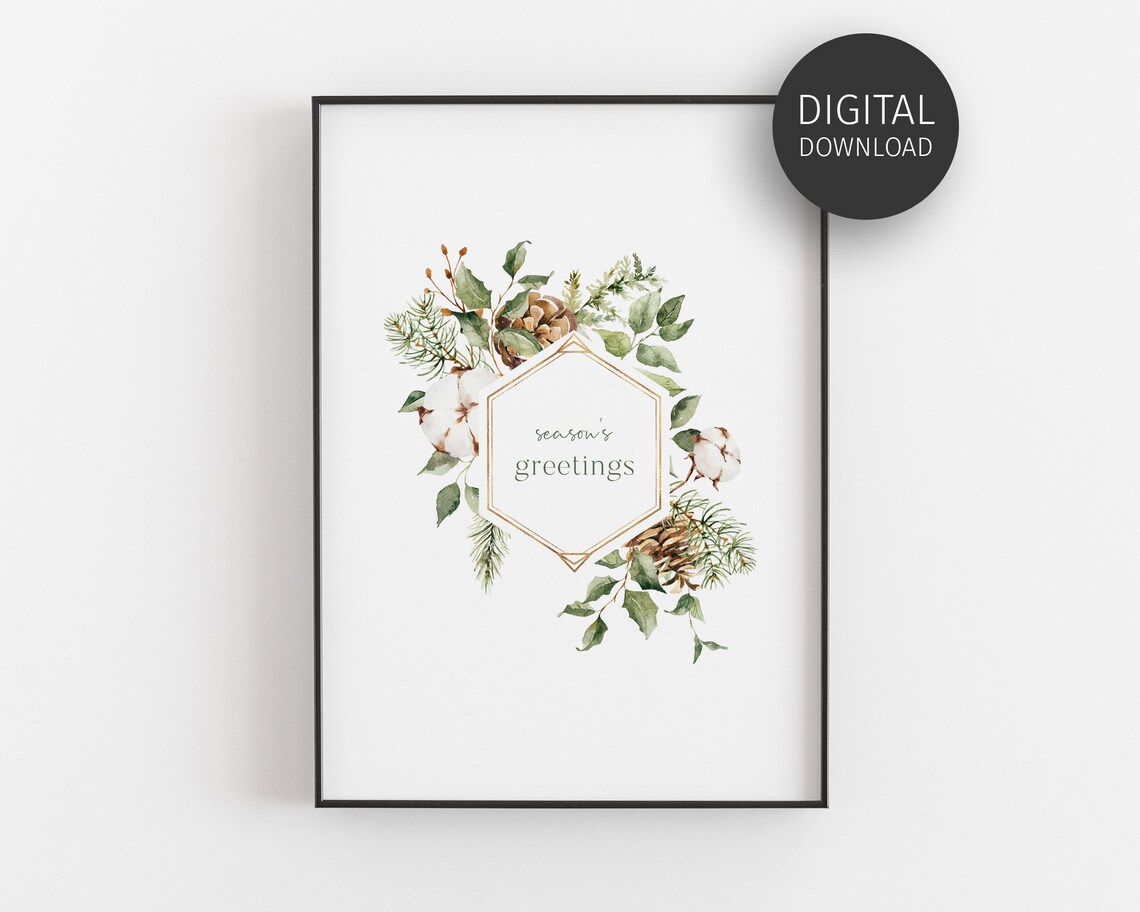 Seasons Greetings Watercolor Botanical Wreath Holiday Poster