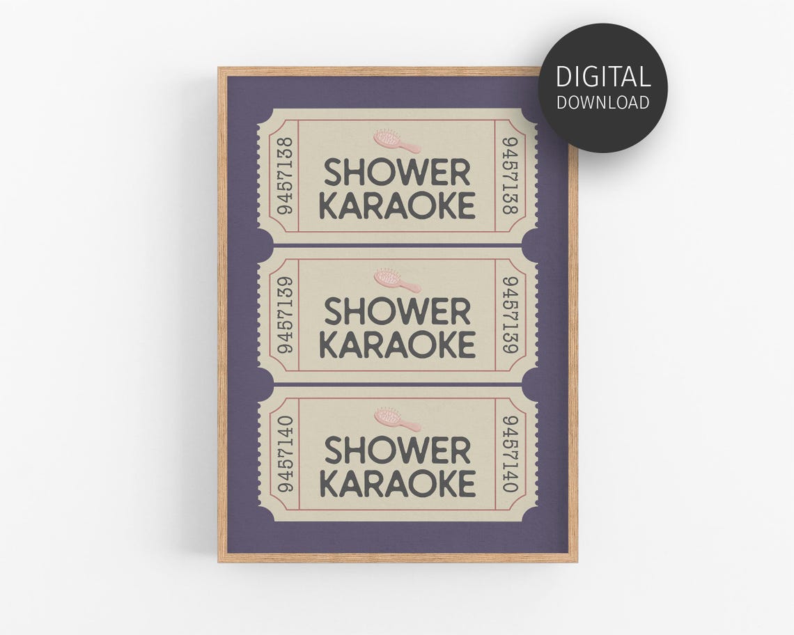 Shower Karaoke Vintage Ticket Trio Deep Purple Bathroom Wall Art