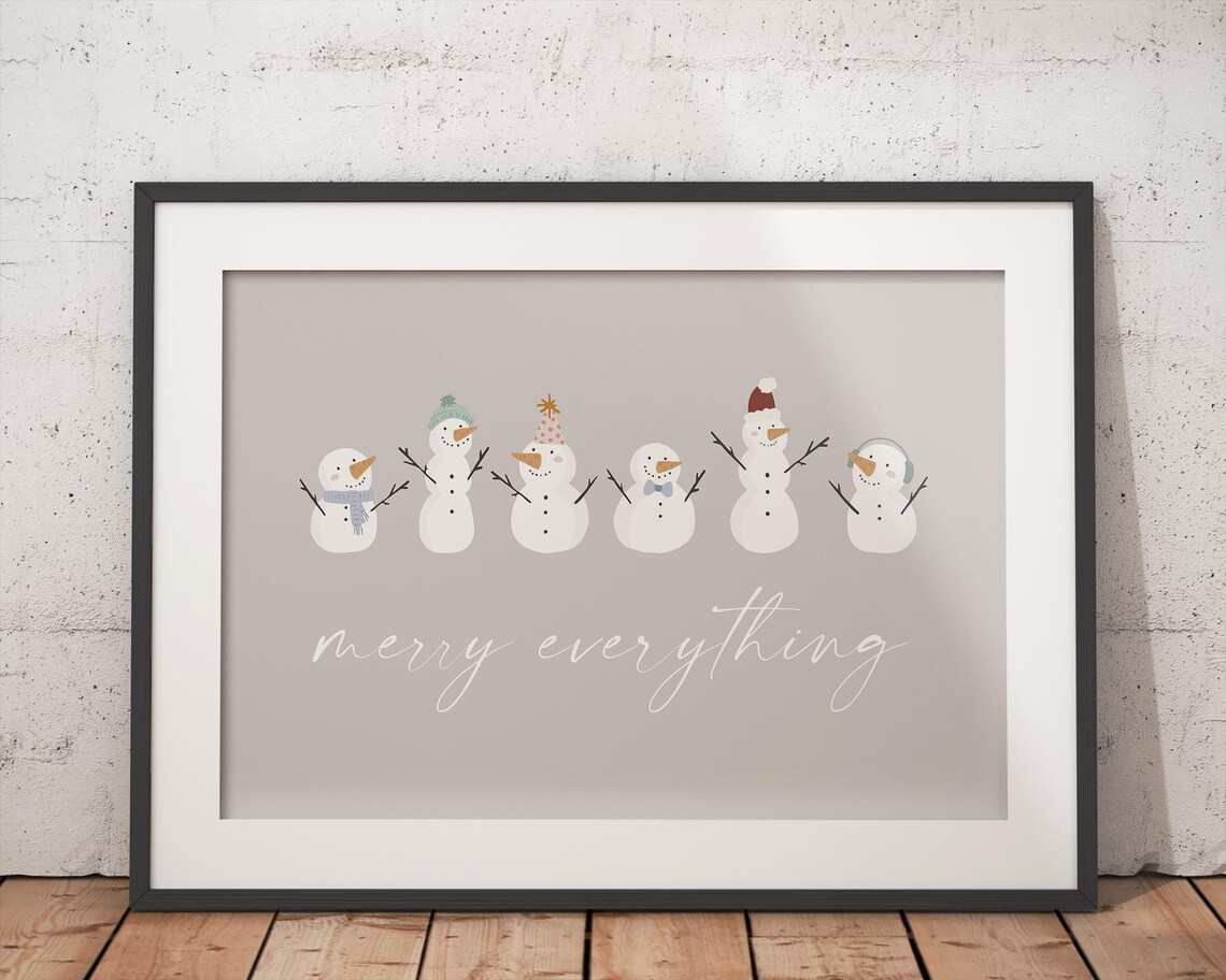 Merry Everything Cute Cozy Beige Snowmen Group Holiday Wall Art - Image 3