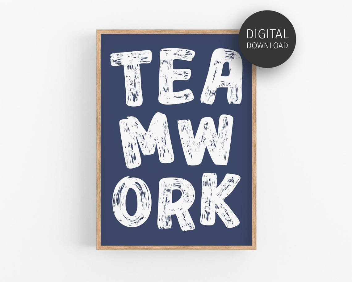 Teamwork Navy White Distressed Lettering Office Team Wall Art