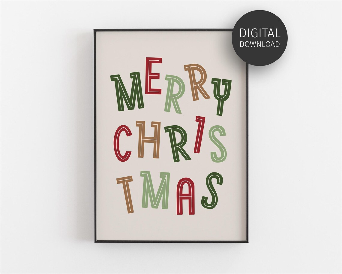 Merry Christmas Classic Retro Colorful Lettering Holiday Wall Art