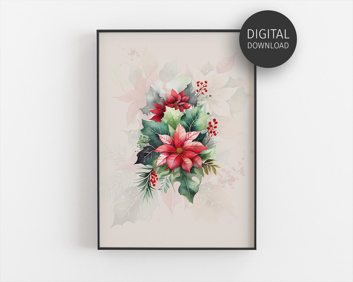 Red Poinsettia Watercolor Floral Bouquet Classic Christmas Wall Art