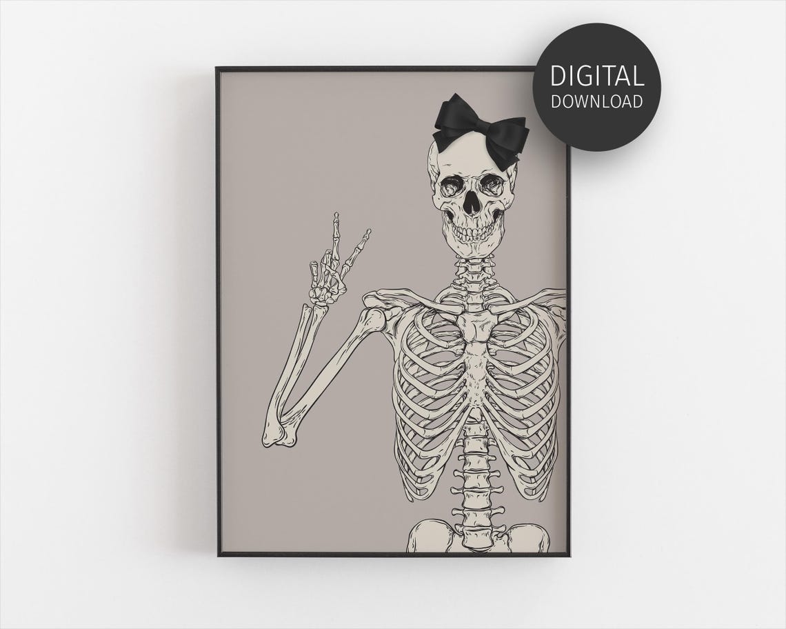 Coquette Skeleton With Bow Peace Sign Vintage Halloween Skull Poster